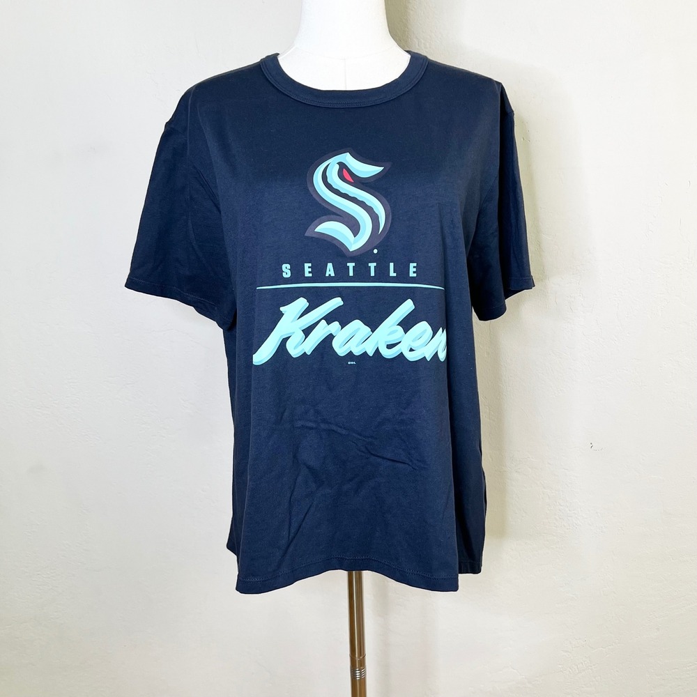 Seattle Kraken Hockey Fanatics T-Shirt Script Women's Size L Navy Blue New NHL